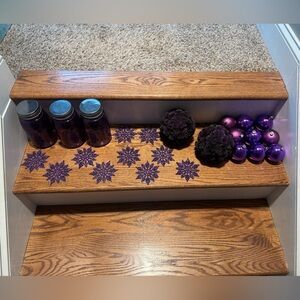 Purple ornaments, mason jars & topiary balls